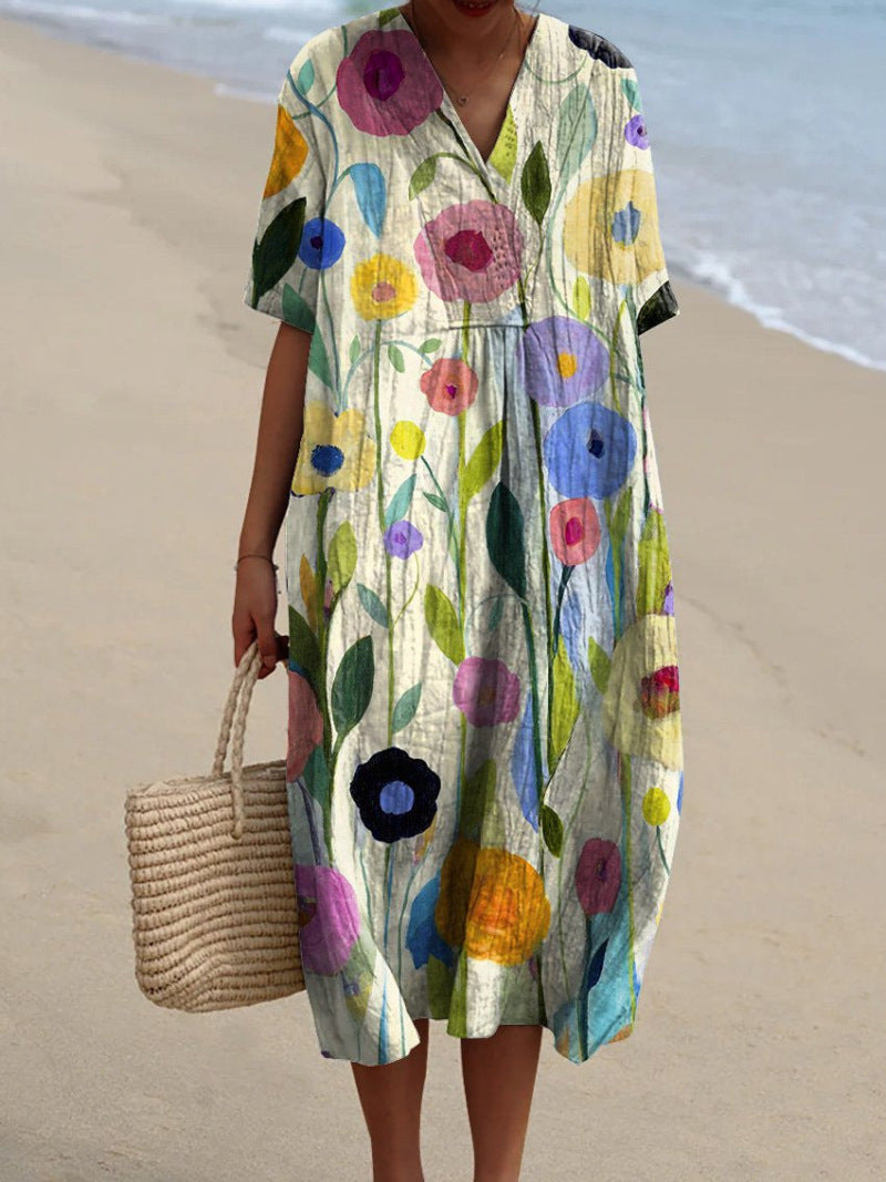Dames Midi Jurk Korte Mouw met V-hals en Bloemenprint