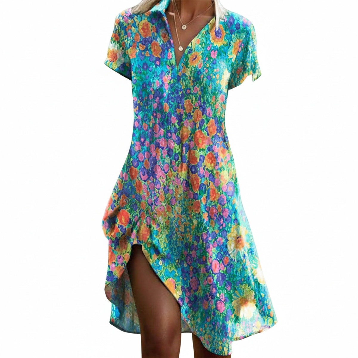 Dames Midi Jurk Korte Mouw met V-hals en Bloemenprint Asymmetrische Zoom