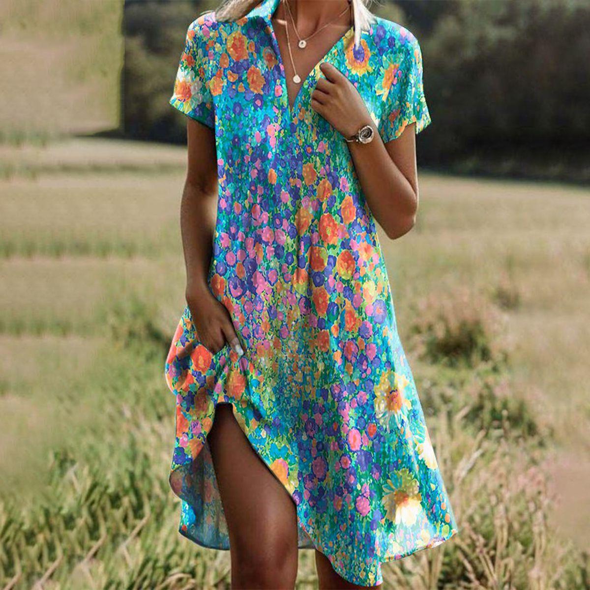 Dames Midi Jurk Korte Mouw met V-hals en Bloemenprint Asymmetrische Zoom Multicolor