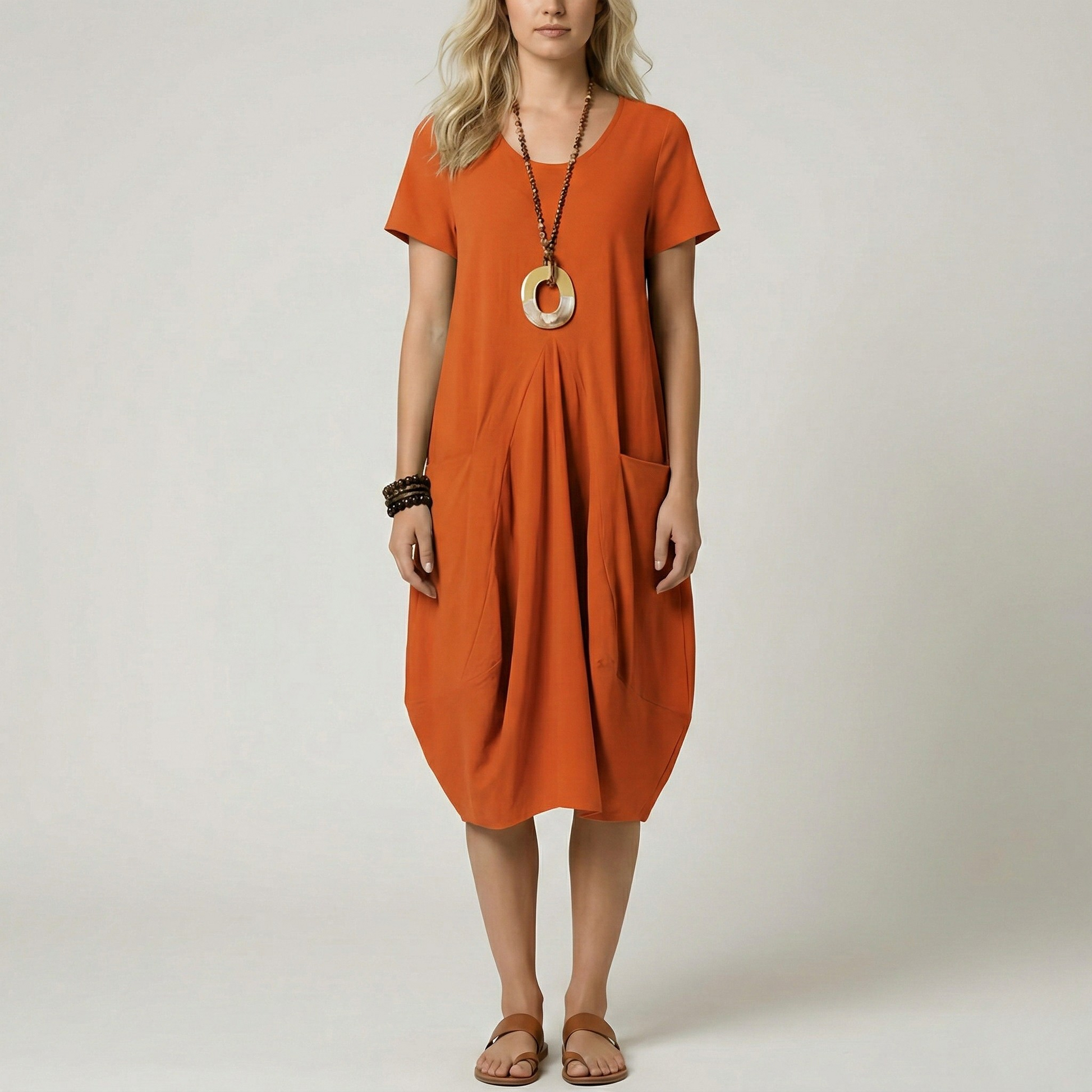 Dames Midi Jurk Korte Mouw met V-hals en Zijzakken Oranje
