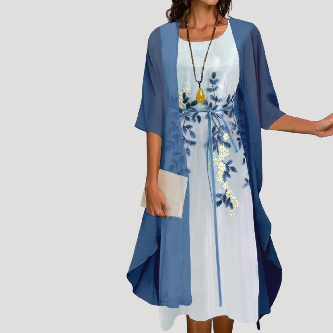 Dames Midi Jurk met Bloemenprint en Gelaagde Overlay Driekwart Mouw