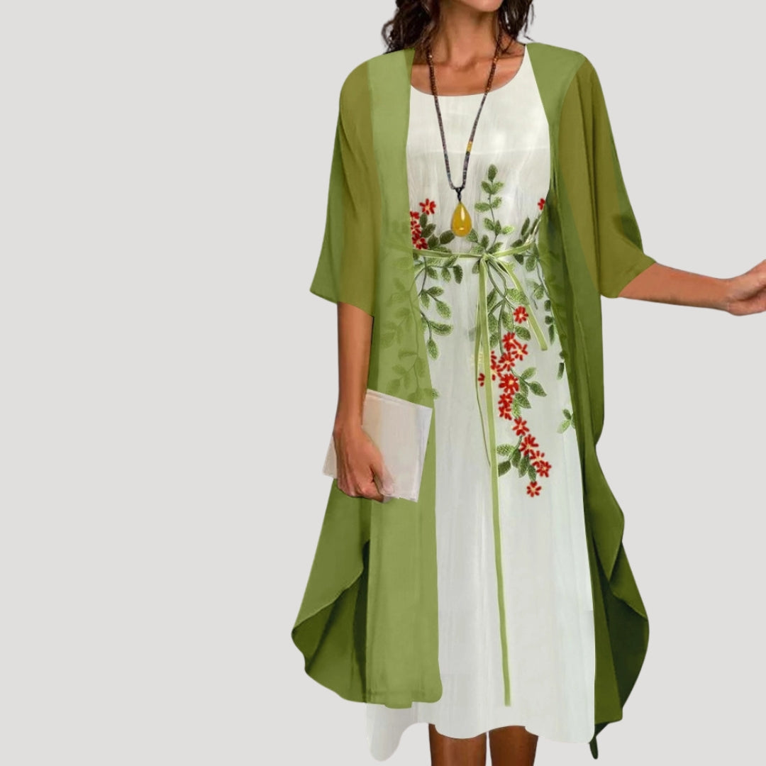 Dames Midi Jurk met Bloemenprint en Gelaagde Overlay Driekwart Mouw