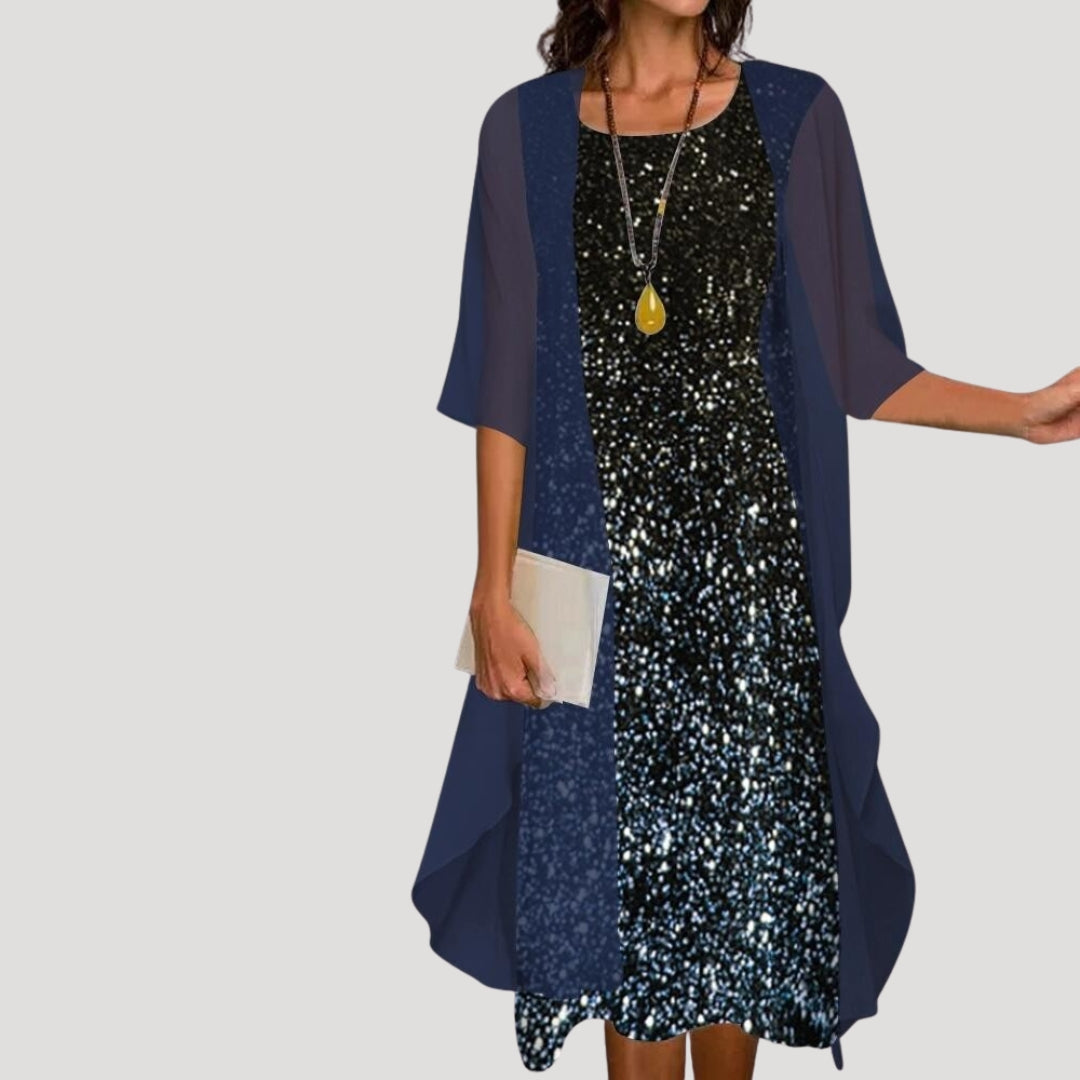 Dames Midi Jurk met Bloemenprint en Gelaagde Overlay Driekwart Mouw