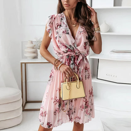 Dames Midi Jurk met Bloemenprint, V-hals en Geplooide Rok Roze