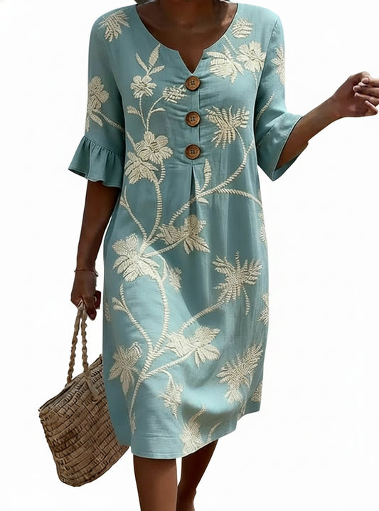 Dames Midi Jurk met Bloemenprint, V-hals en Knoopsluiting