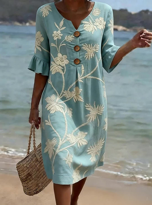 Dames Midi Jurk met Bloemenprint, V-hals en Knoopsluiting Blauw
