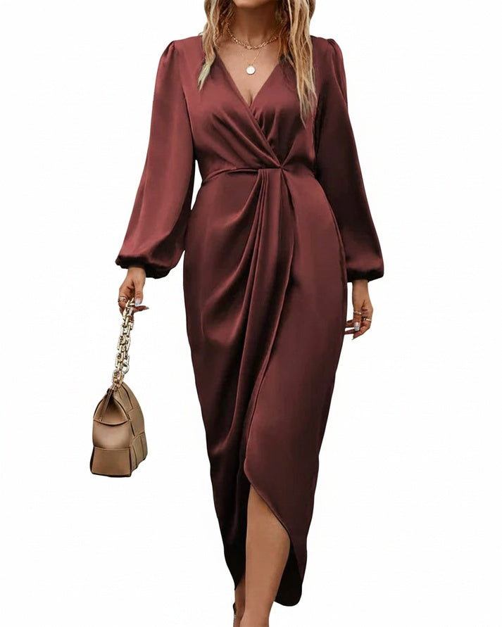 Dames Midi Jurk met Diepe V-hals, Lange Ballonmouwen en Gedrapeerde Taille