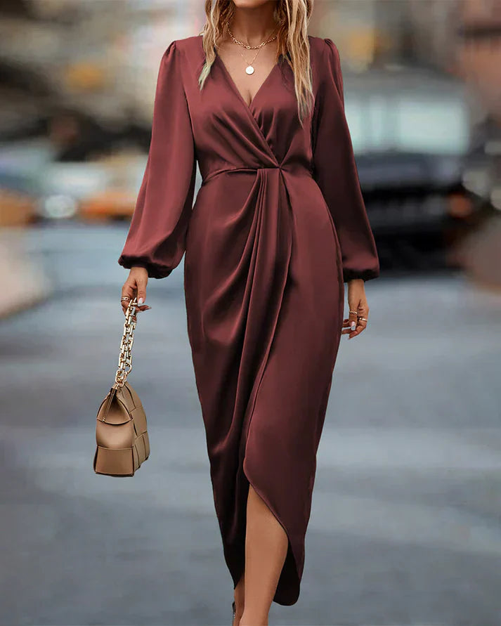Dames Midi Jurk met Diepe V-hals, Lange Ballonmouwen en Gedrapeerde Taille