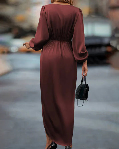 Dames Midi Jurk met Diepe V-hals, Lange Ballonmouwen en Gedrapeerde Taille