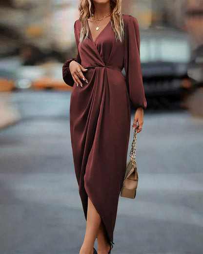 Dames Midi Jurk met Diepe V-hals, Lange Ballonmouwen en Gedrapeerde Taille