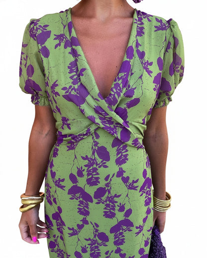 Dames Midi Jurk met Diepe V-hals, Pofmouwen en Bloemenprint