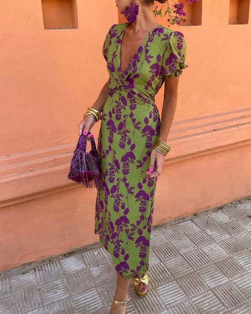 Dames Midi Jurk met Diepe V-hals, Pofmouwen en Bloemenprint