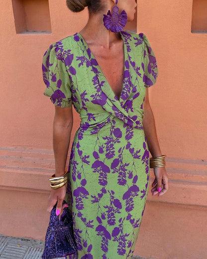 Dames Midi Jurk met Diepe V-hals, Pofmouwen en Bloemenprint