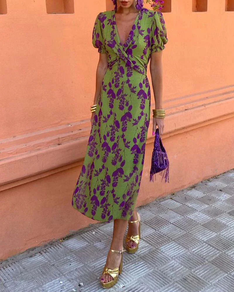 Dames Midi Jurk met Diepe V-hals, Pofmouwen en Bloemenprint