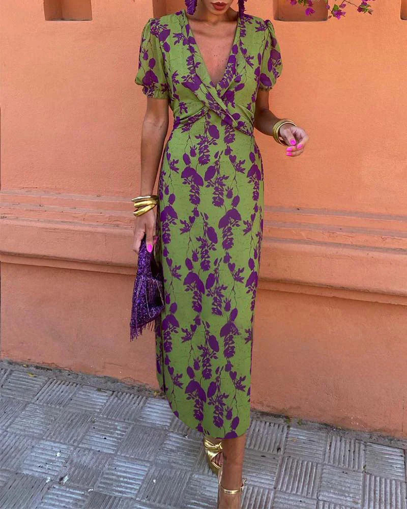 Dames Midi Jurk met Diepe V-hals, Pofmouwen en Bloemenprint Groen Paars