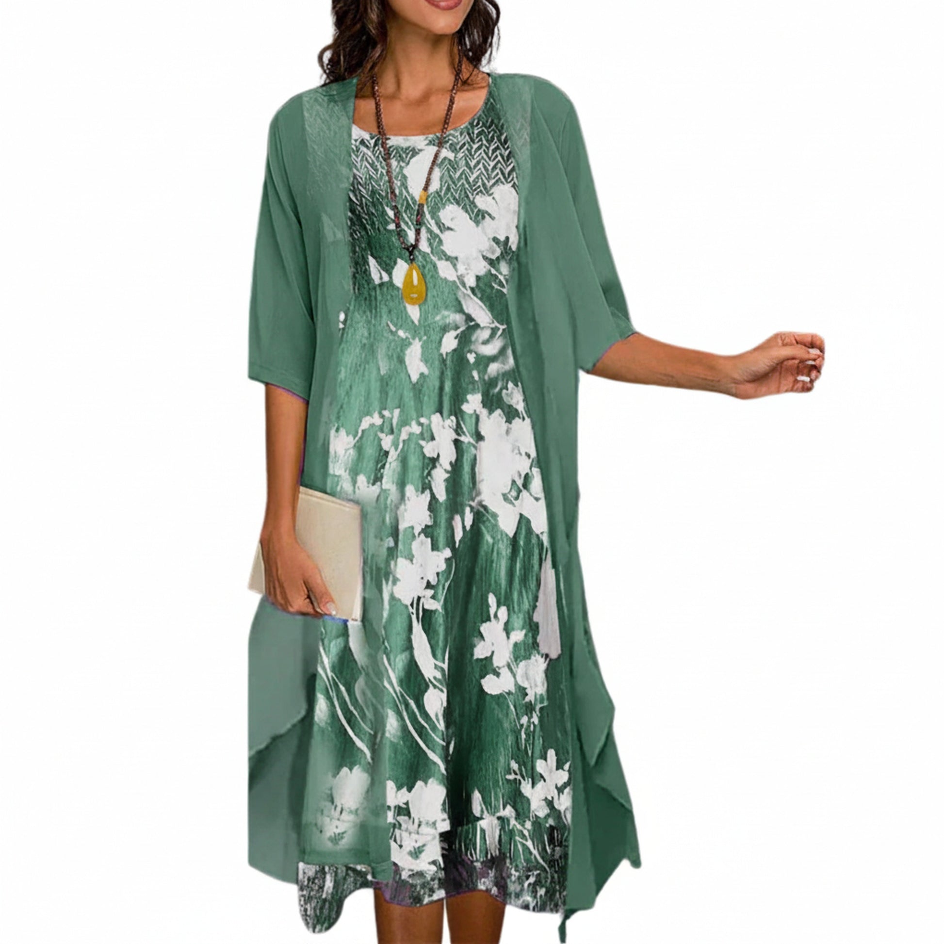 Dames Midi Jurk met Driekwart Mouw en Open Overlay met Print