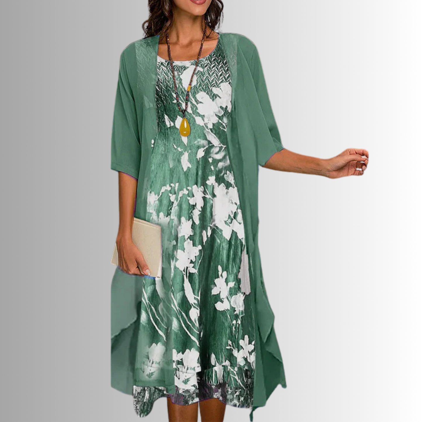 Dames Midi Jurk met Driekwart Mouw en Open Overlay met Print