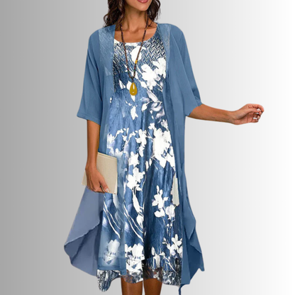 Dames Midi Jurk met Driekwart Mouw en Open Overlay met Print
