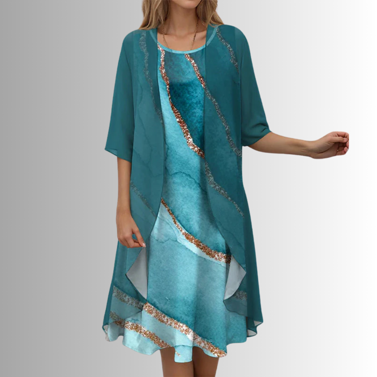 Dames Midi Jurk met Driekwart Mouw en Open Overlay met Print