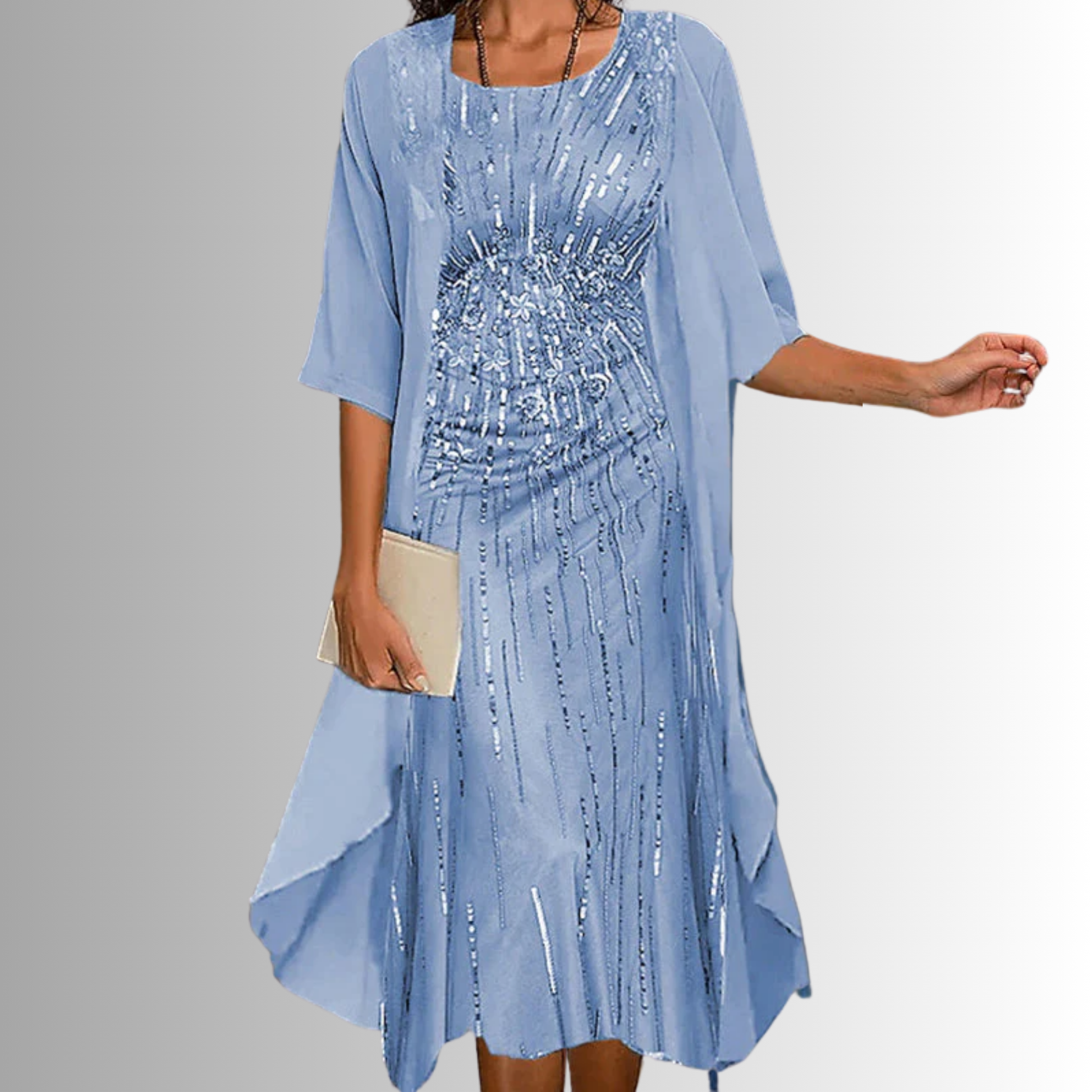 Dames Midi Jurk met Driekwart Mouw en Open Overlay met Print
