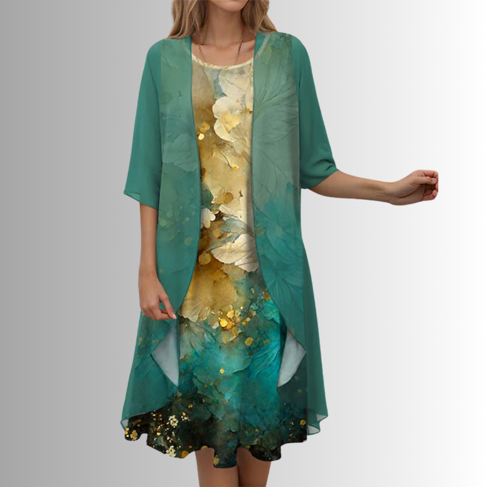 Dames Midi Jurk met Driekwart Mouw en Open Overlay met Print