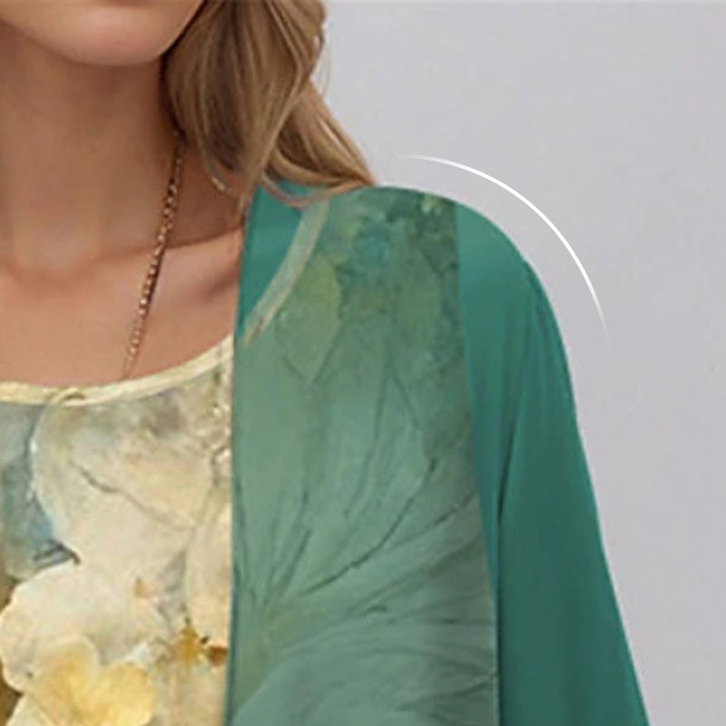 Dames Midi Jurk met Driekwart Mouw en Open Overlay met Print