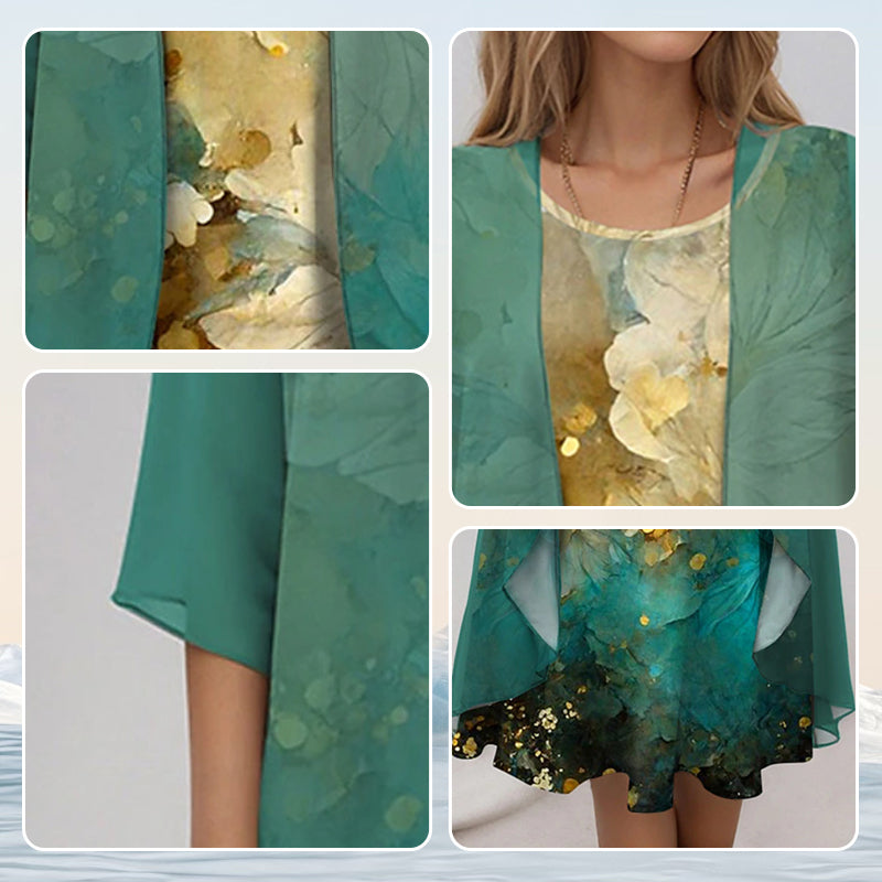 Dames Midi Jurk met Driekwart Mouw en Open Overlay met Print