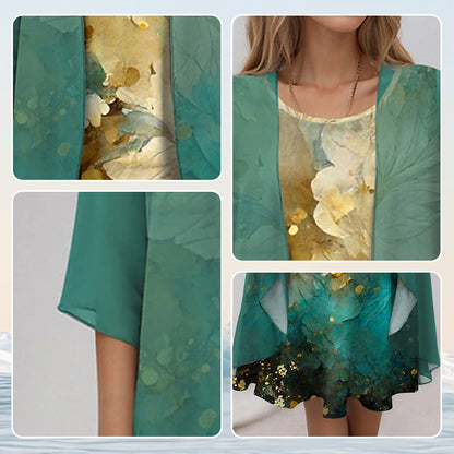 Dames Midi Jurk met Driekwart Mouw en Open Overlay met Print