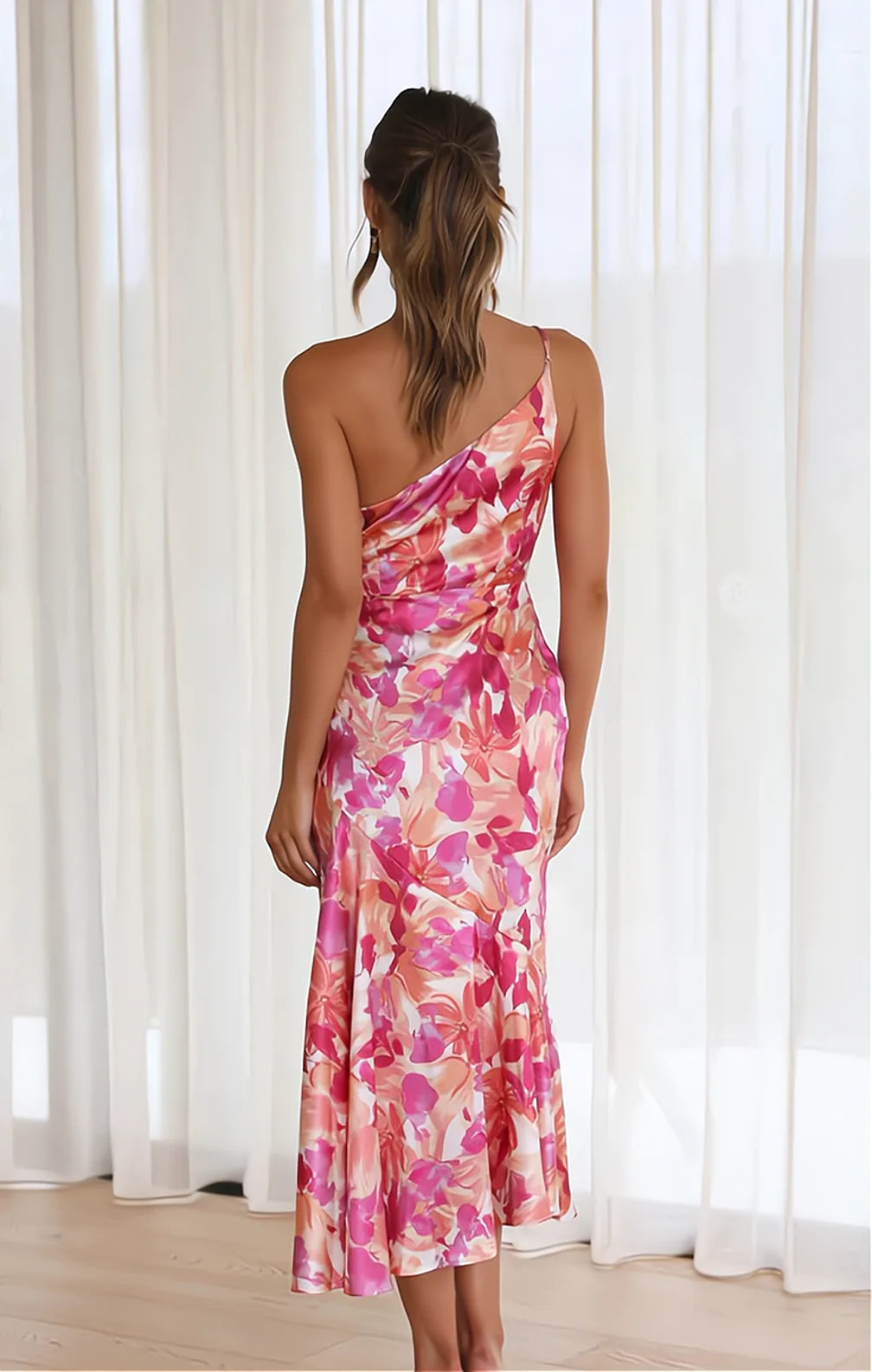 Dames Midi Jurk met Eenschouder en Bloemenprint