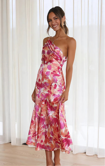 Dames Midi Jurk met Eenschouder en Bloemenprint
