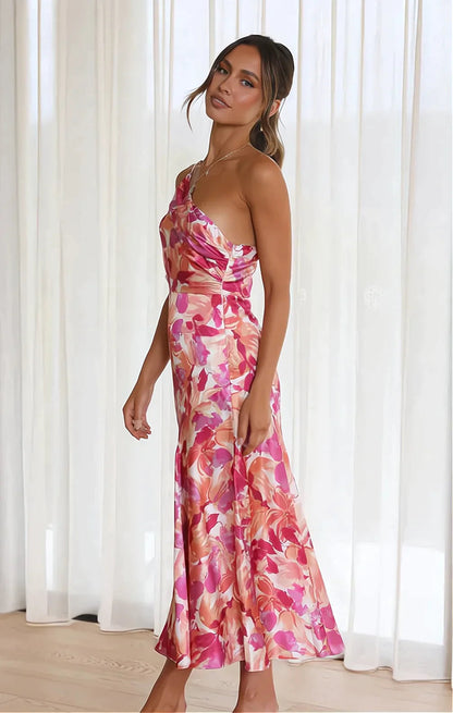 Dames Midi Jurk met Eenschouder en Bloemenprint