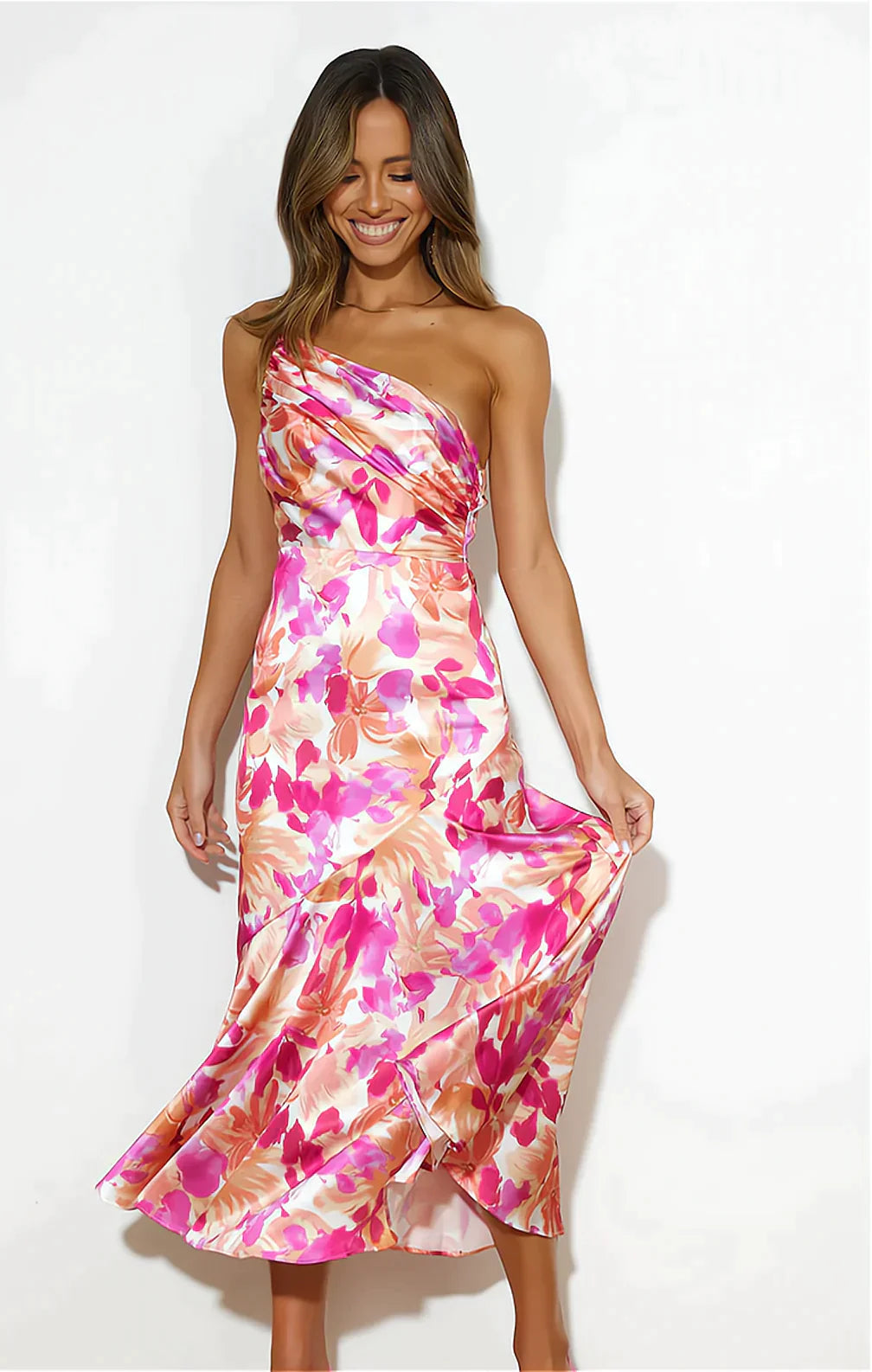 Dames Midi Jurk met Eenschouder en Bloemenprint
