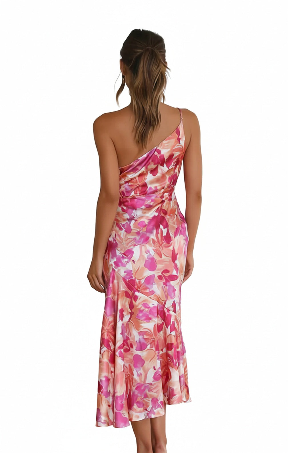 Dames Midi Jurk met Eenschouder en Bloemenprint