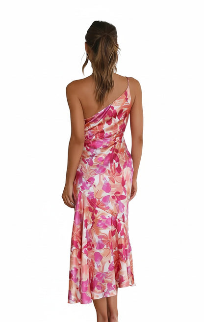 Dames Midi Jurk met Eenschouder en Bloemenprint