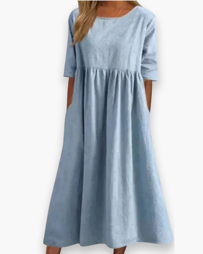 Dames Midi-jurk met Halve Mouwen en Ronde Hals Effen Lichtblauw