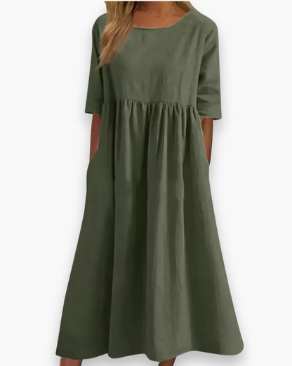 Dames Midi-jurk met Halve Mouwen en Ronde Hals Effen Donkergroen