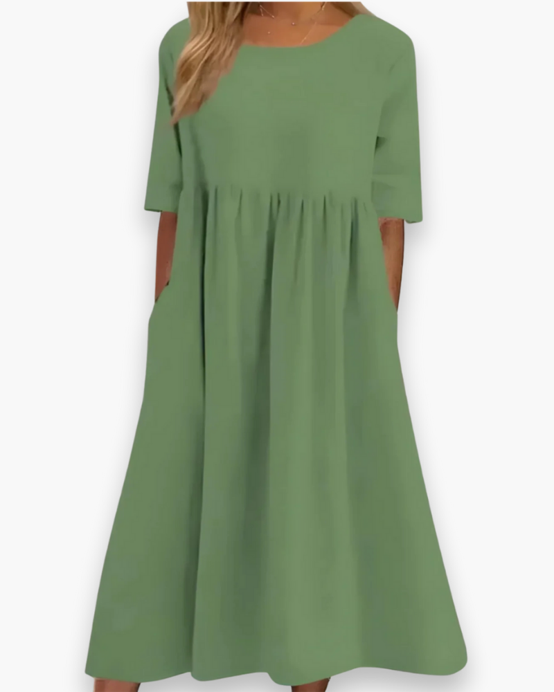 Dames Midi-jurk met Halve Mouwen en Ronde Hals Effen Lichtgroen
