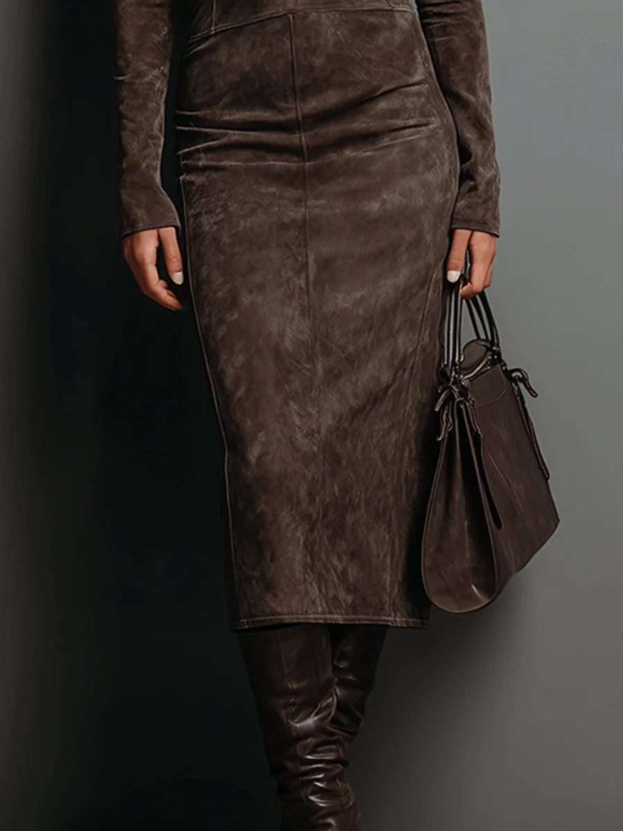 Dames Midi Jurk met Hoge Kraag en Lange Mouwen