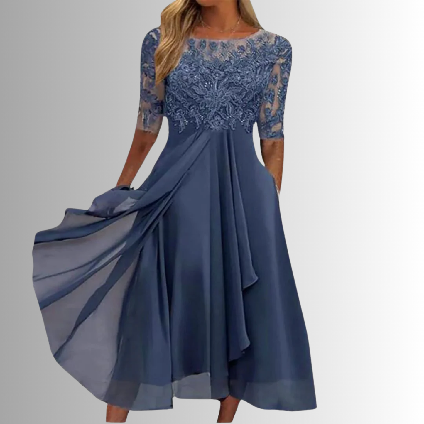 Dames Midi Jurk met Kant Bovenlijf, Ronde Hals en A-lijn Rok Blauw