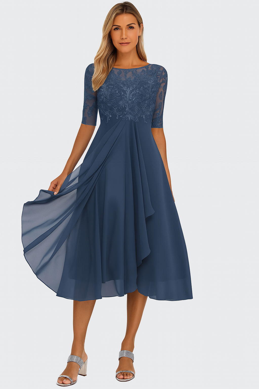Dames Midi Jurk met Kant Bovenstuk, Ronde Hals en A-lijn Rok Blauw