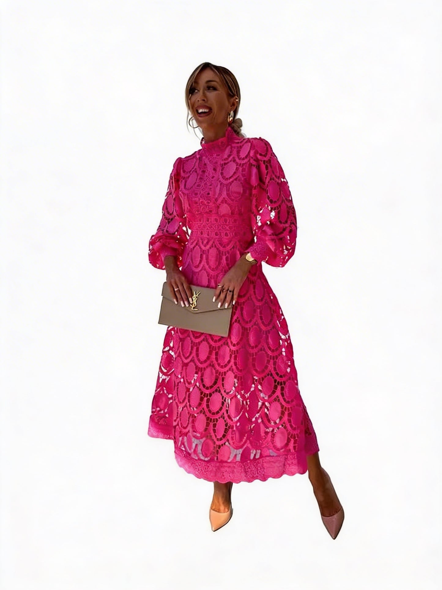 Dames Midi Jurk met Kant en Pofmouwen