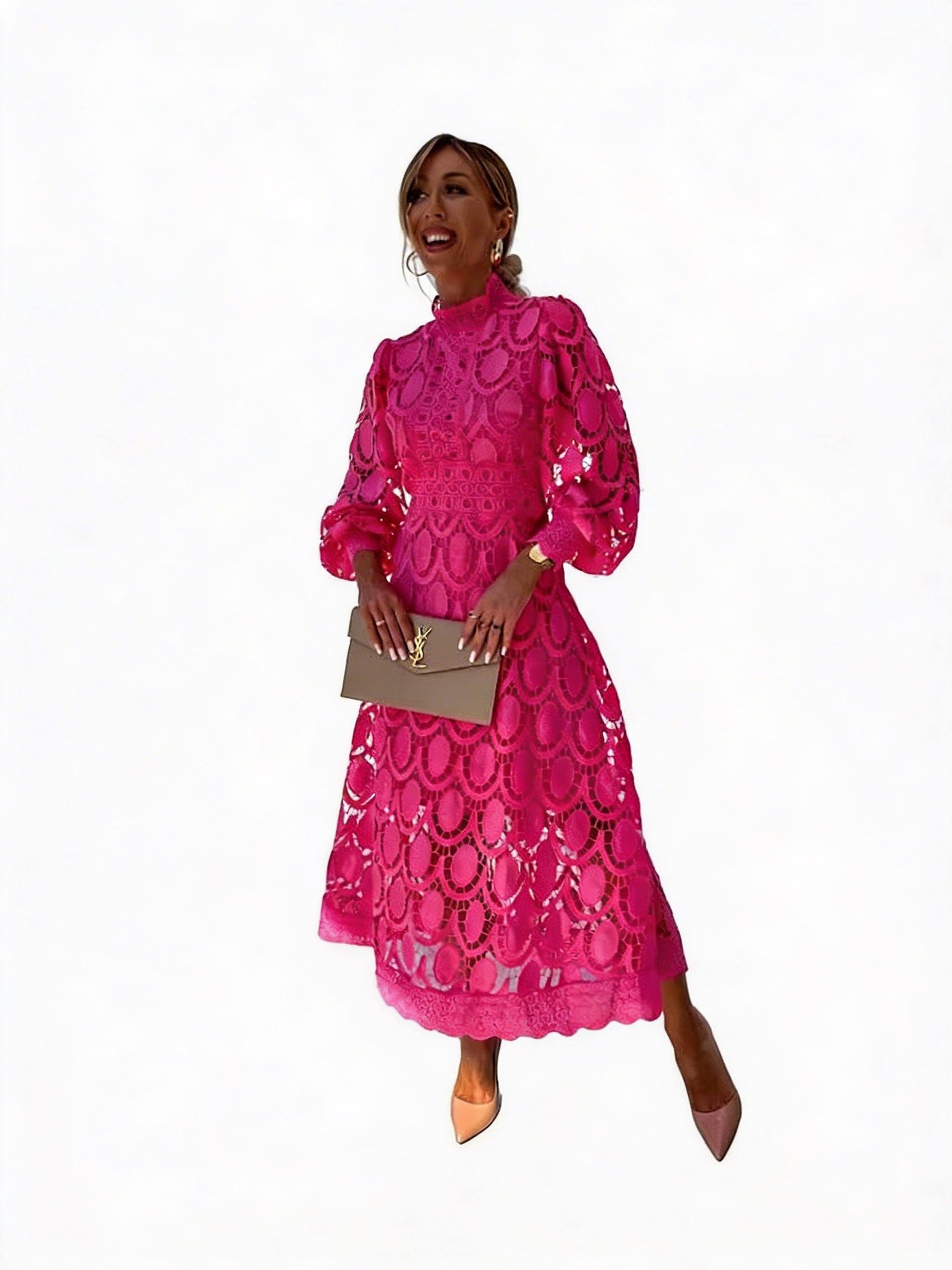 Dames Midi Jurk met Kant en Pofmouwen