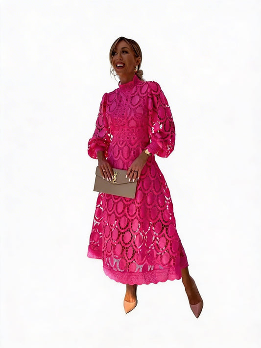 Dames Midi Jurk met Kant en Pofmouwen