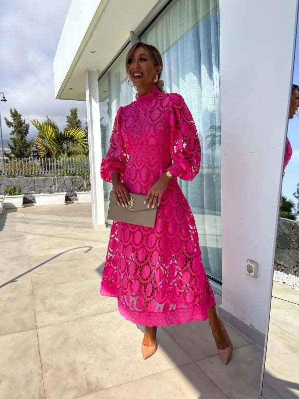 Dames Midi Jurk met Kant en Pofmouwen Fuchsia