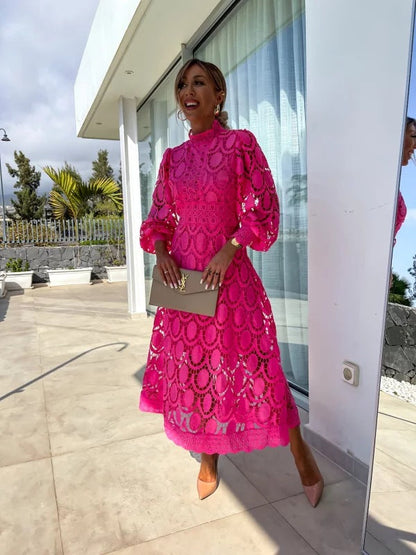 Dames Midi Jurk met Kant en Pofmouwen Fuchsia