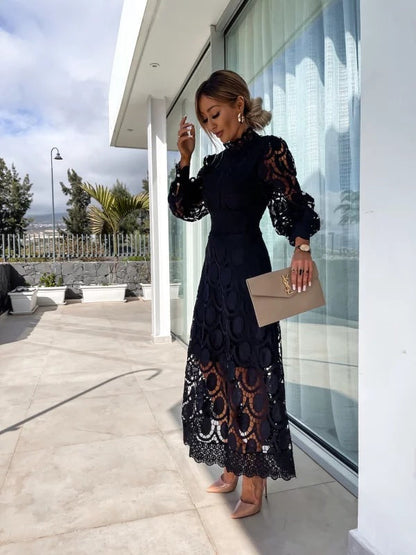 Dames Midi Jurk met Kant en Pofmouwen Zwart