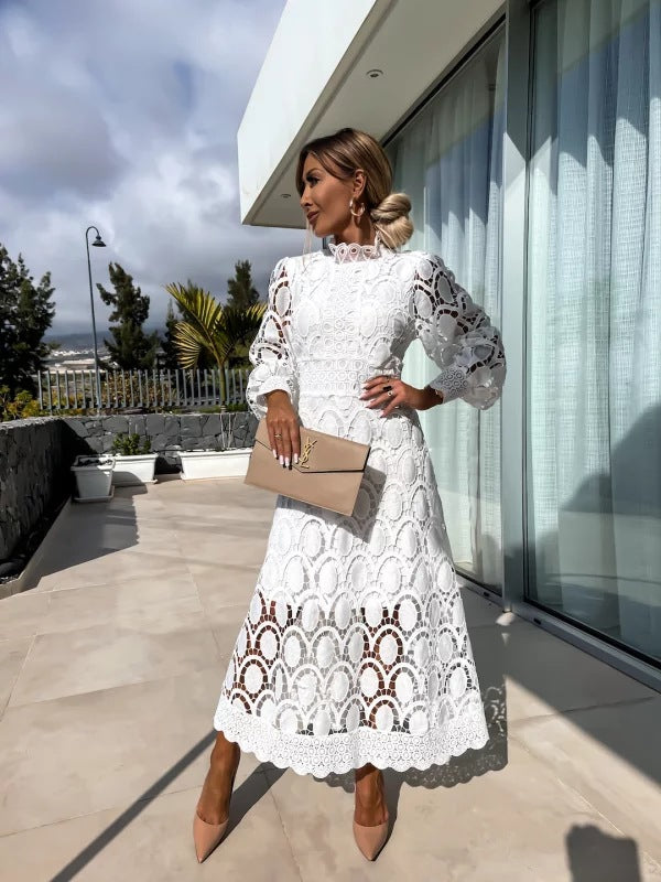 Dames Midi Jurk met Kant en Pofmouwen Wit