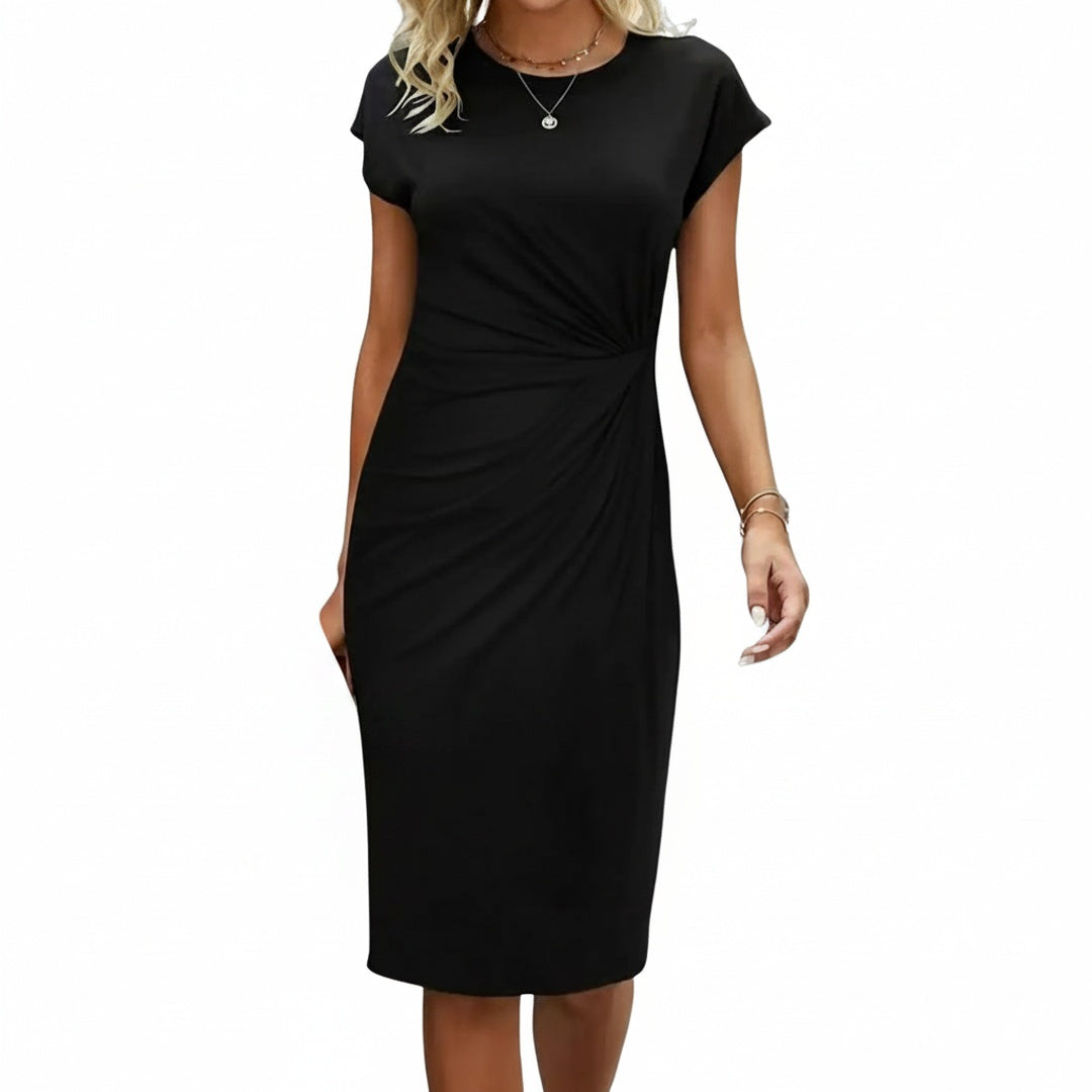 Dames Midi Jurk met Korte Mouw, Ronde Hals en Gedrapeerde Taille