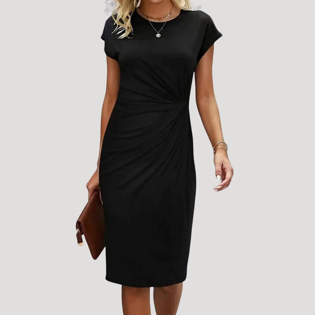 Dames Midi Jurk met Korte Mouw, Ronde Hals en Gedrapeerde Taille