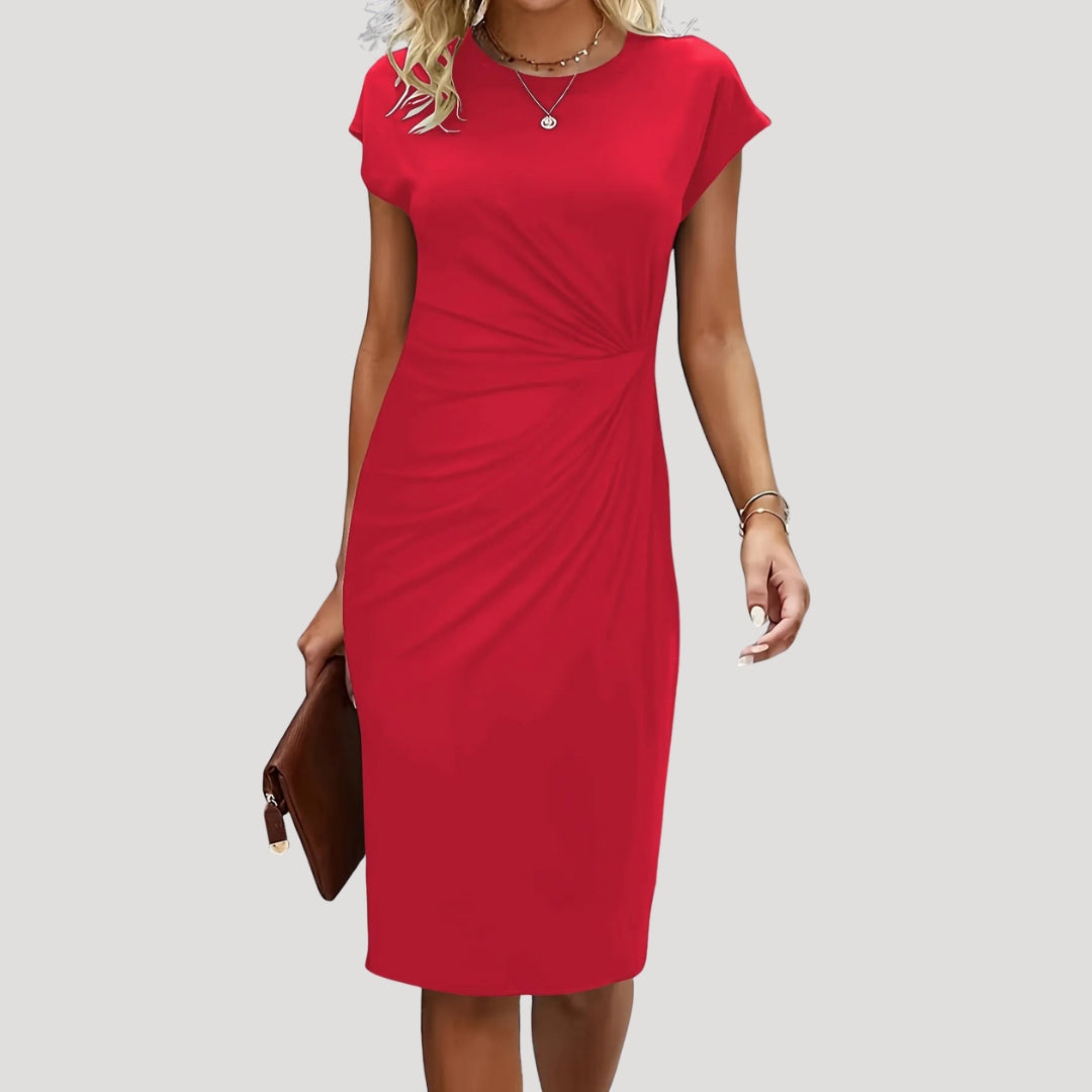 Dames Midi Jurk met Korte Mouw, Ronde Hals en Gedrapeerde Taille